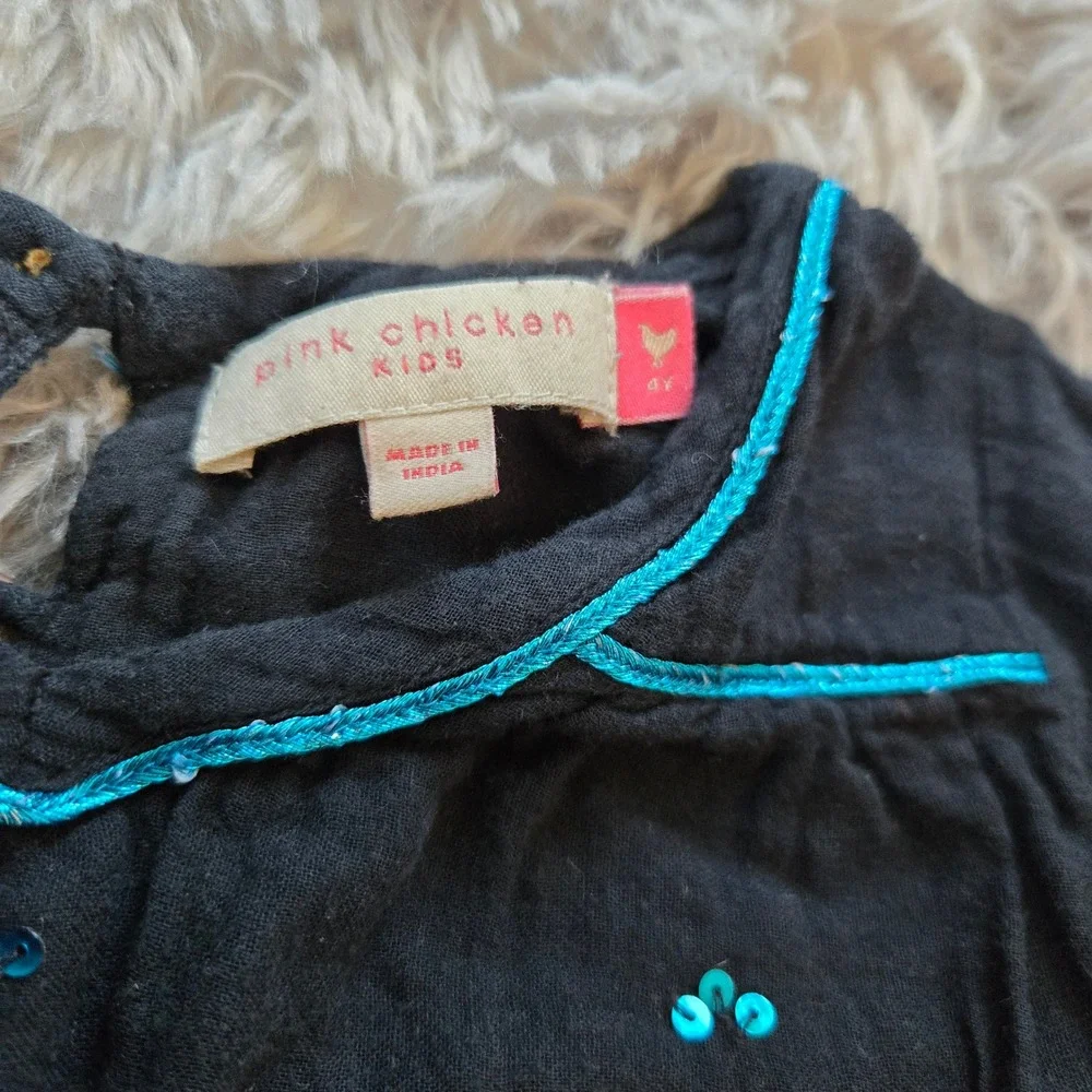 Pink Chicken Kids Black Long Sleeve‎ Dress Turquoise Trim Sequins Size 4Y